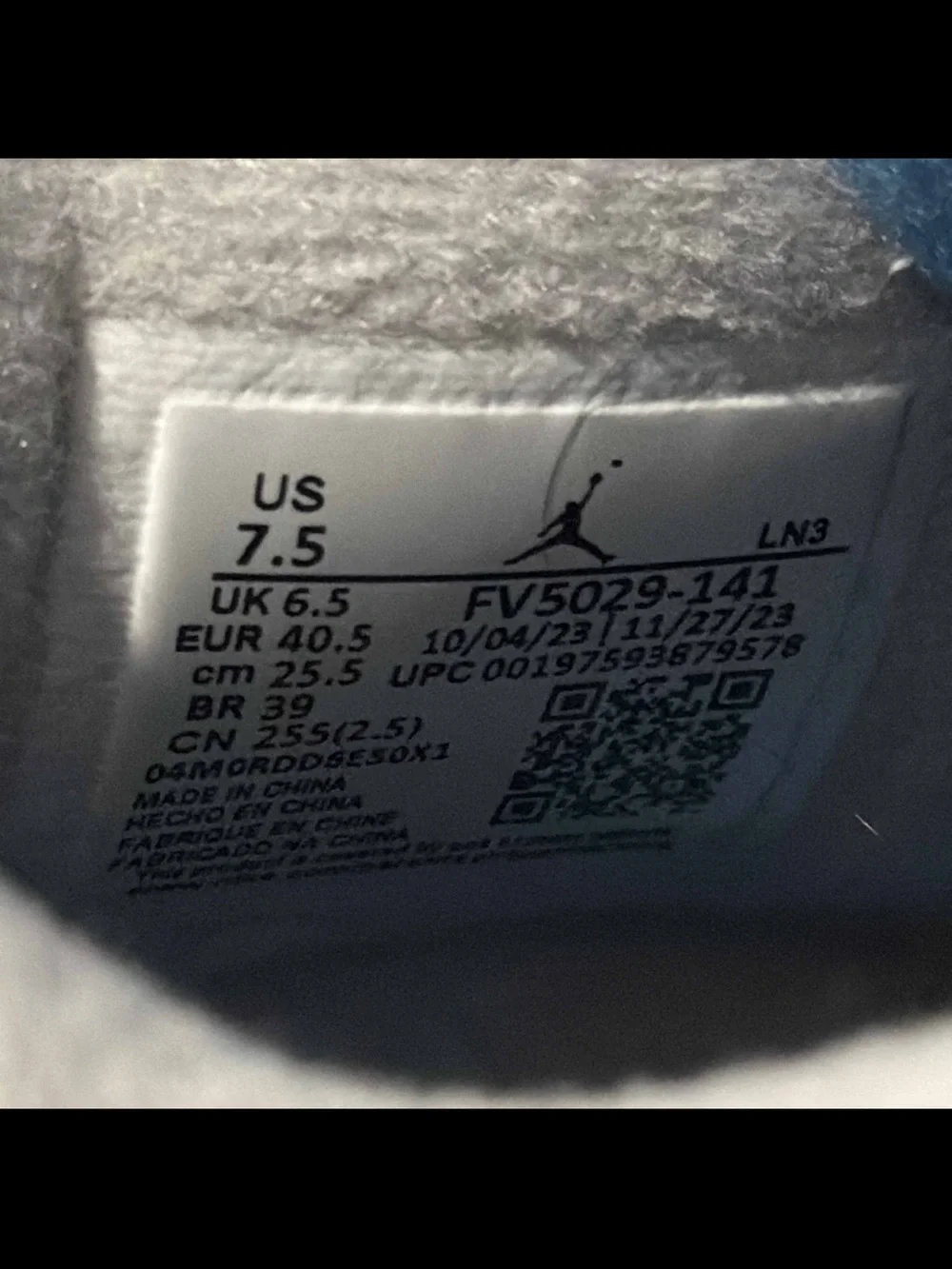 Jordan Gray and Black Sneaker Interior Label